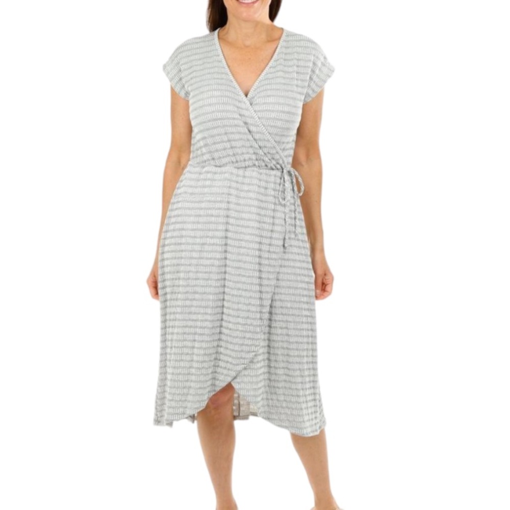StitchWurks Los Angeles Striped V-Neck Tie Waist High Low Linen Dress NWT